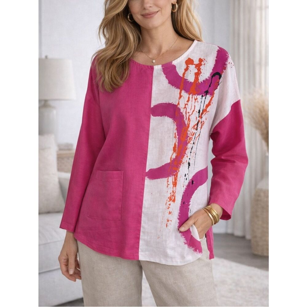 Odile Pink White 100% Linen Abstract Art Top Pocket Blouse Size M